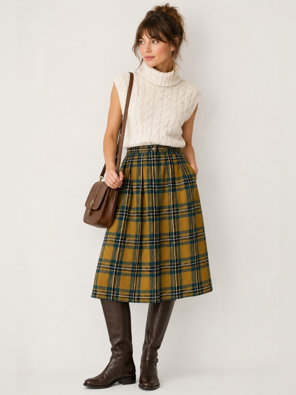 Plaid Wool Blend Midi Skirt Mustard Teal High Waist Cottagecore Vintage Handmad
